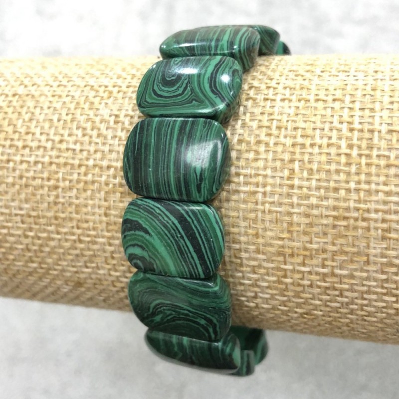 Bransoletka na gumce z malachitu (prasowany) gładkie ogniwa 18×13 mm, długość 18 cm +
