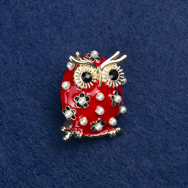 Broszka «Sowa» z metalem złocistym, emalią, koralikami i kamieniami strass 30×25 mm +