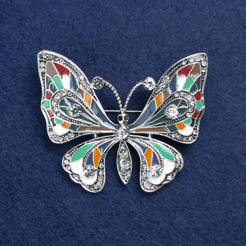 Broszka Motyl srebrzystego metalu, emalia i cyrkonie, 54 × 45 mm +