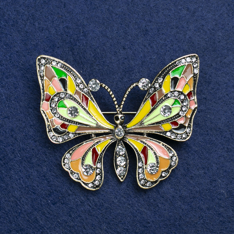 Broszka Motyl złocisty z metalu, emalii i kryształów 54×45 mm +