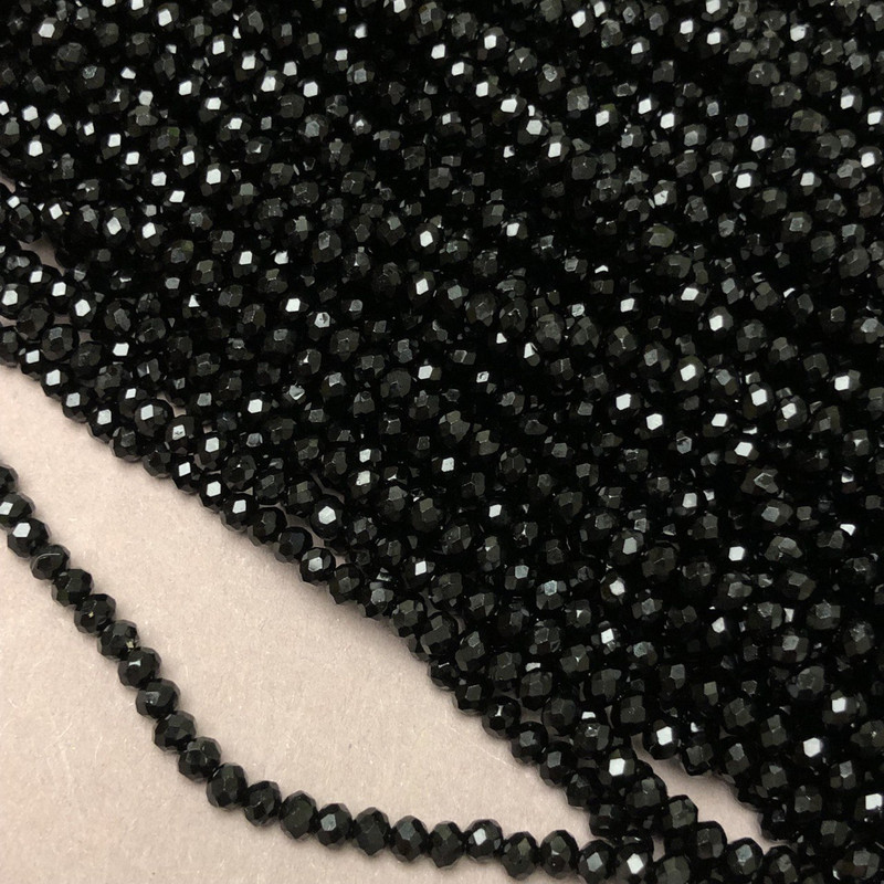 Koraliki czeskiego kryształu na żyłce, czarne matowe, w kształcie rondla, średnica 3,5×3 mm, długość 36–38 cm
