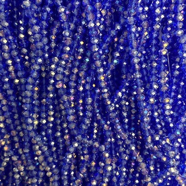 Koraliki czeskiego kryształu na żyłce, niebiesko-przezroczyste z powłoką benzynową, fasetowane rondelki, średnica 3,5×3 mm, długość 36 cm