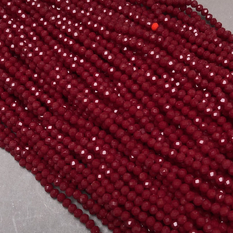 Koraliki z czeskiego kryształu Czech Crystal na nici, ciemnoczerwone, matowe, fasetowane rondelki, średnica 3,5×3 mm, długość 36-38 cm +