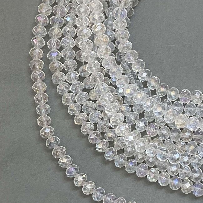 Koraliki z czeskiego kryształu na żyłce, biały, przejrzysty z benzynowym połyskiem, fasetowane rondelki, średnica 8×6 mm, długość 40–42 cm