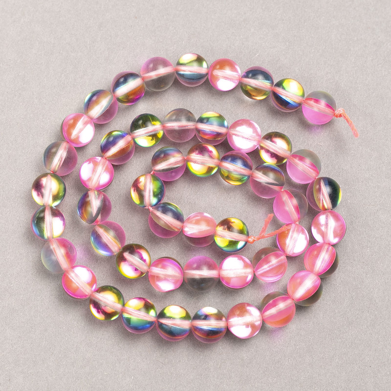 Koraliki na nici z opalowego szkła, gładkie kuleczki różowe, przezroczyste, średnica 8 mm, długość 39 cm