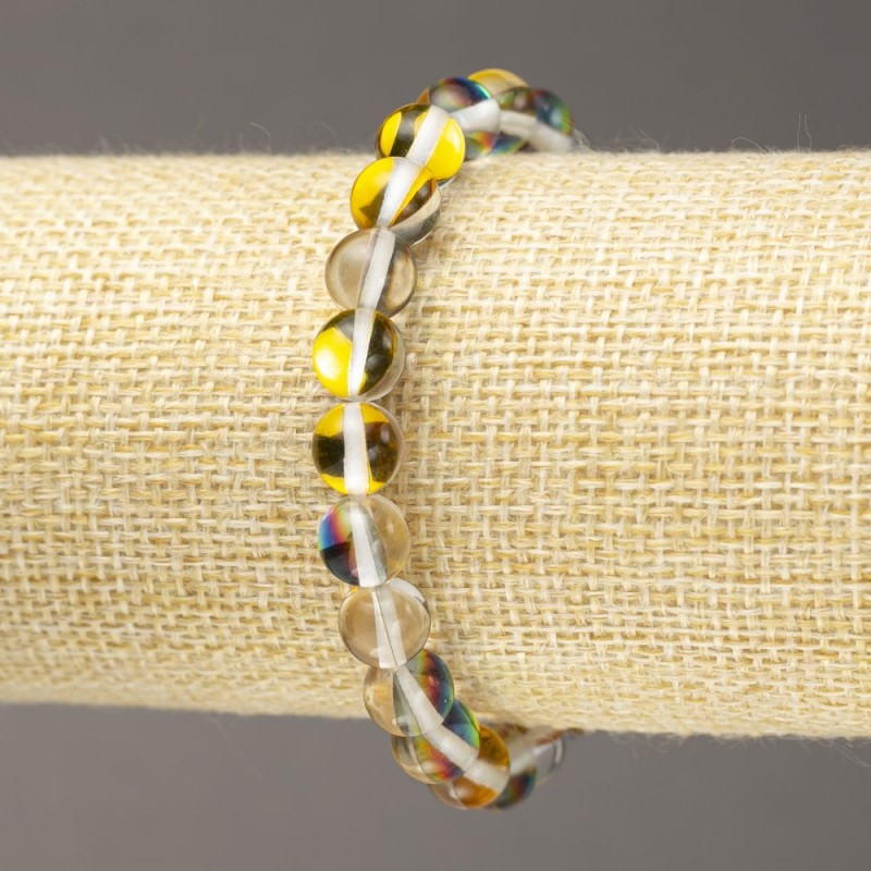 Bransoletka na gumce z opalowego szkła «Żółty kameleon» - gładka kulka, średnica 8 mm, długość 18 cm