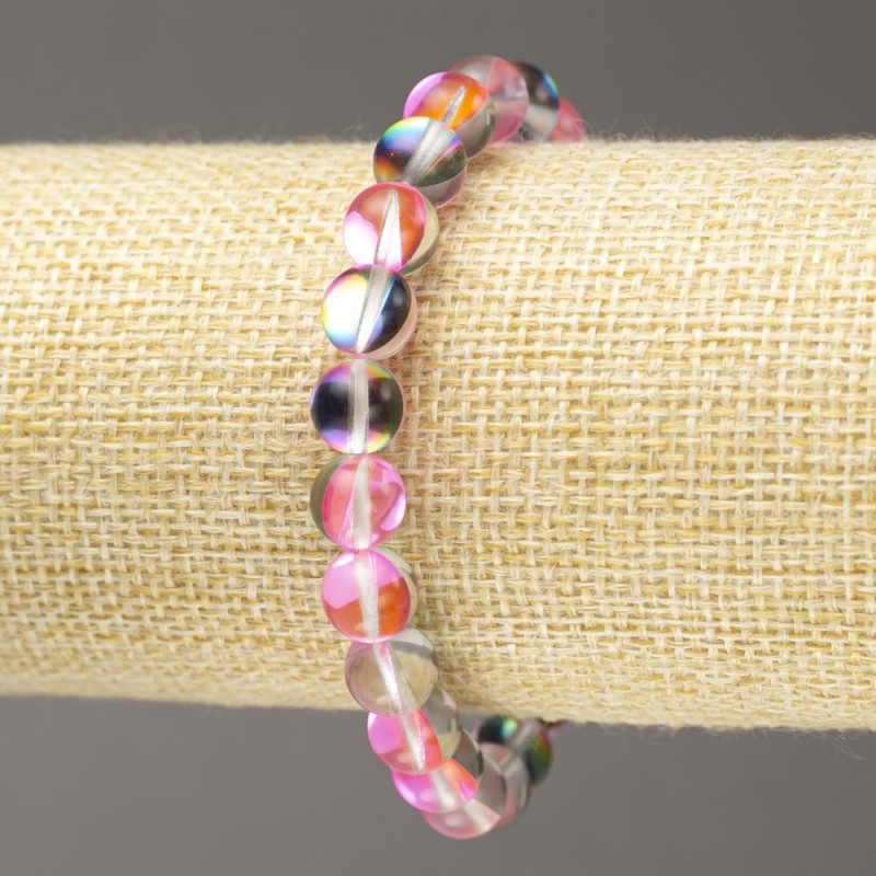Bransoletka na gumce z opalowego szkła – gładkie kule, różowy, przejrzysty kolor, średnica 8 mm, długość 18 cm