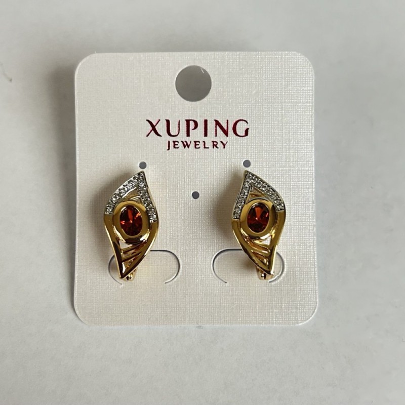 Kolczyki Xuping z czerwonym kamieniem i białymi cyrkoniami 20x10 mm, rodowane i pozłacane 18k