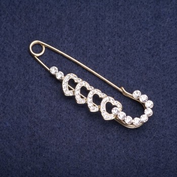 Broszka wpinana w kształcie serca z białymi kryształami, 65×20 mm, żółty metal