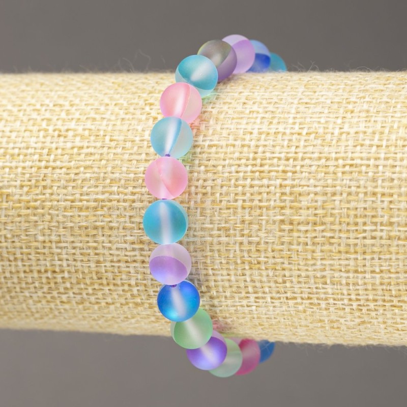 Bransoletka na gumce z opalowego szkła — gładkie kuleczki wielokolorowe, matowe, średnica 8 mm, długość 18 cm