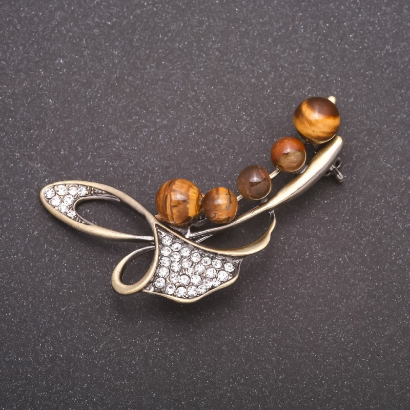 Broszka z naturalnym kamieniem – tygrysie oko – Gałązka, kolor metalu: brąz, 58×36 mm
