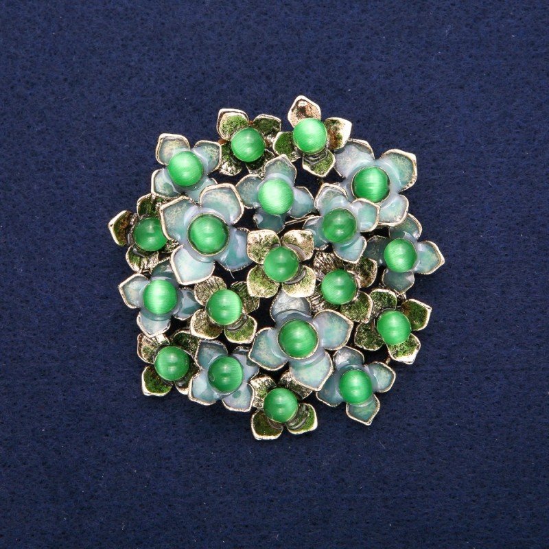 Broszka Kwiaty z kocim okiem, zielona emalia, złoty metal 60×62 mm