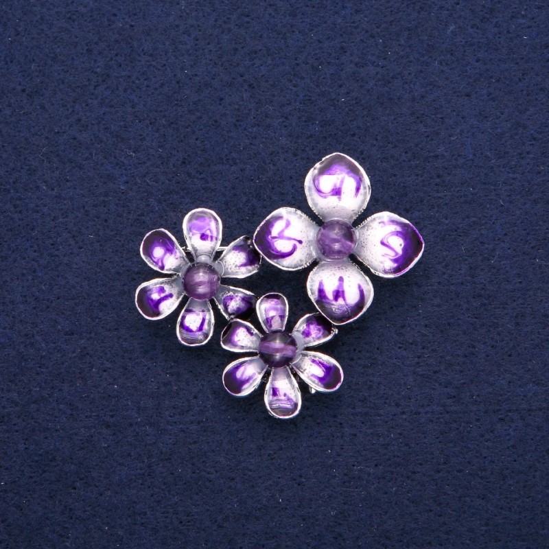 Broszka-wisiorek 'Kwiaty z ametystem i fioletową emalią', srebrzysty metal 36×46 mm
