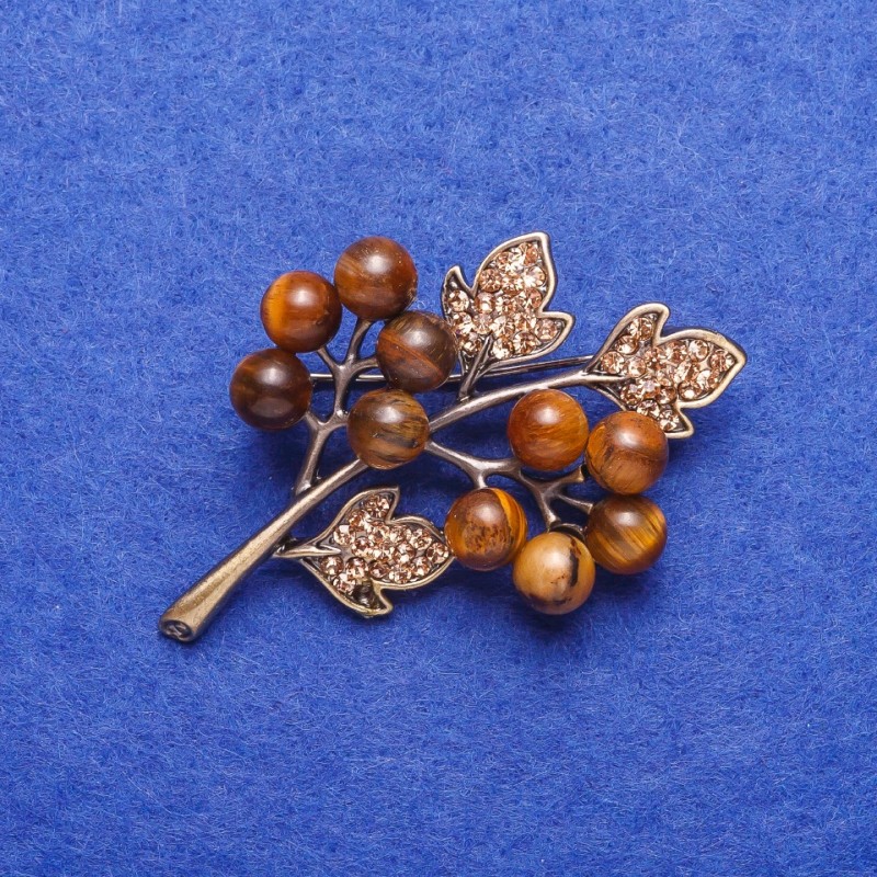 Broszka z naturalnym kamieniem tygrysie oko „Gałązka” srebrzysta 4×3,5 cm