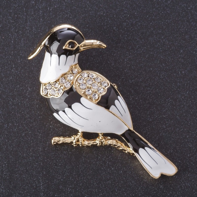 Broszka „Ptak Ibis” czarno-biała emalia, kolor metalu „złoto” seria ptaków, 5,5 × 3 cm