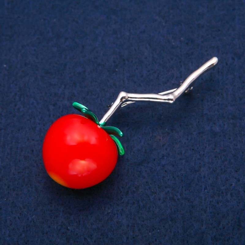 Broszka Pomidor Cherry na gałązce, czerwony koralik, zielona emalia, srebrzysty metal 22×61 mm