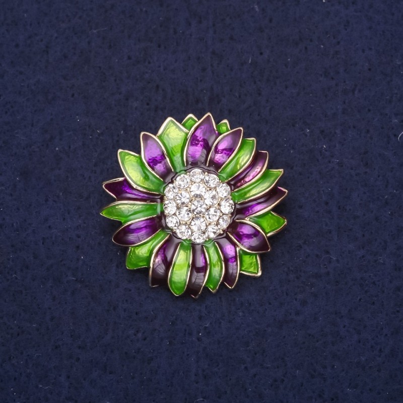Broszka Kwiat z kryształami i emalią w kolorach zielono-fioletowych, 29 mm, metal złoty