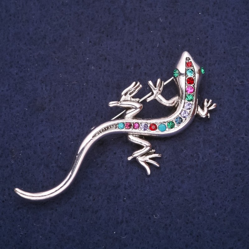 Broszka jaszczurka z kryształami w kolorach turkusowych, malinowych i zielonych, 64×26 mm, z żółtego metalu