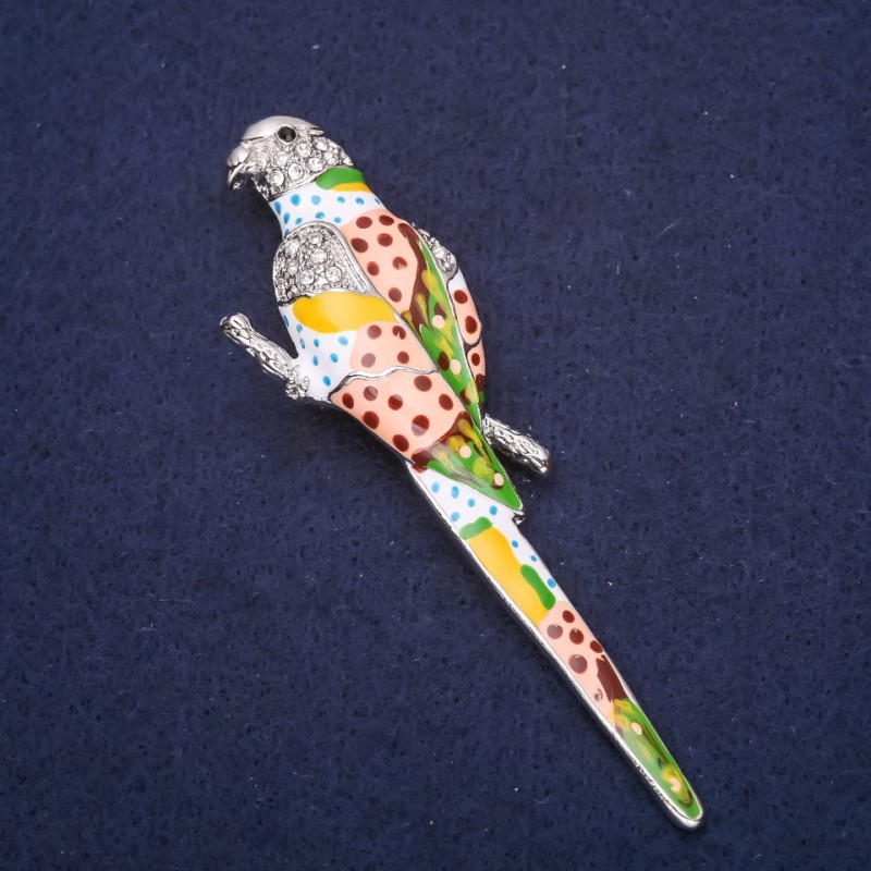 Broszka Papuga w kropki z emalią i cyrkoniami, kolory: biały, błękitny, zielony, różowy, 90 × 25 mm, srebrzysty metal