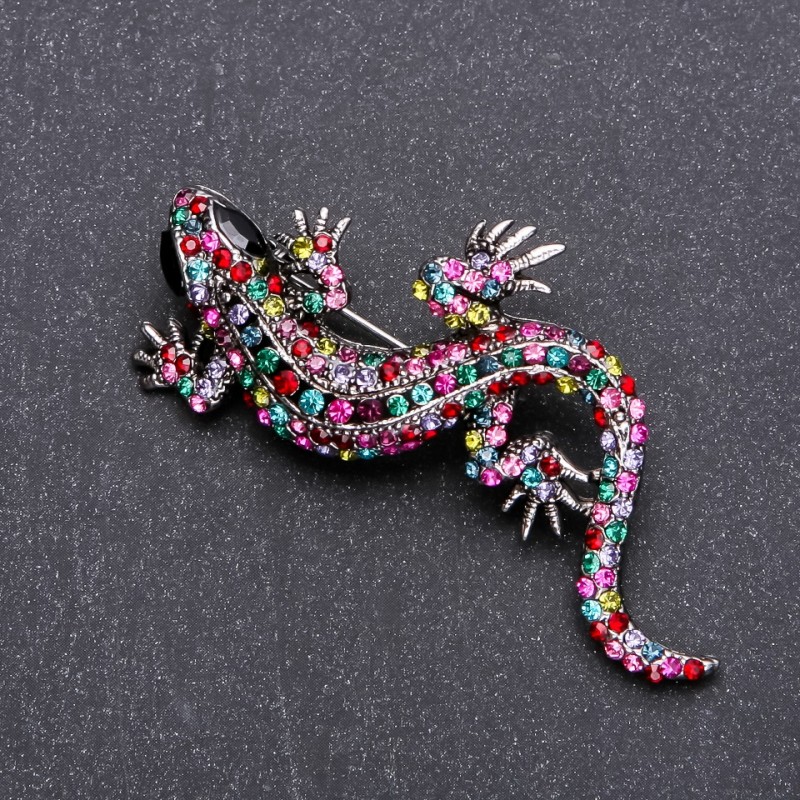 Broszka Jaszczurka kolorowe kryształy 62×28 mm szary metal
