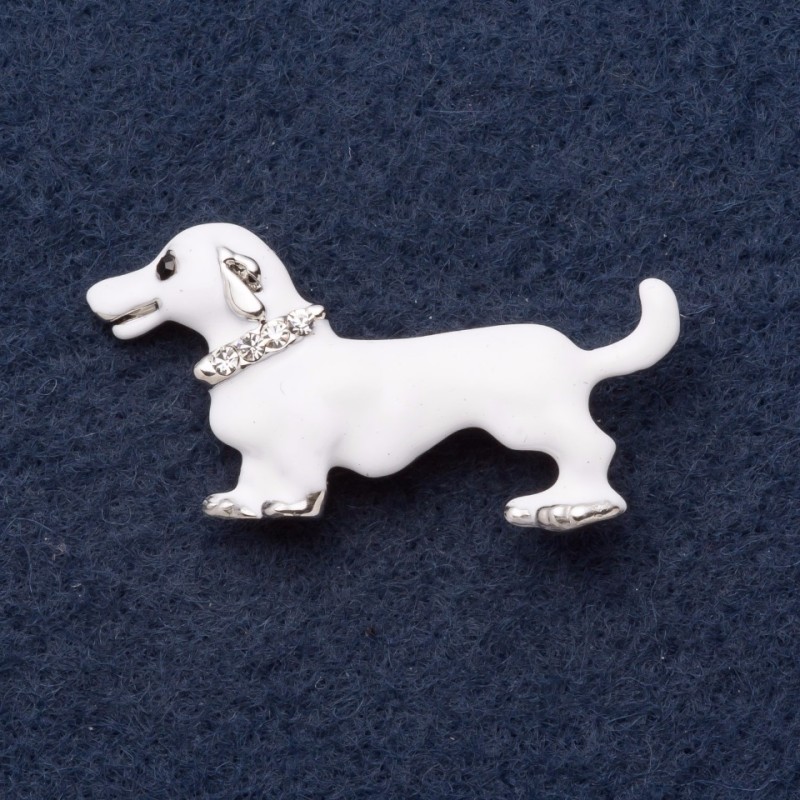 Broszka «Jamnik albinos» 4×2 cm z cyrkoniami, biała emalia, metal szary