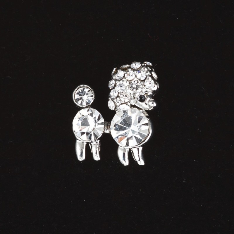 Broszka mini pudel królewski w kryształach, kolor metalu „srebro” 1,5 cm