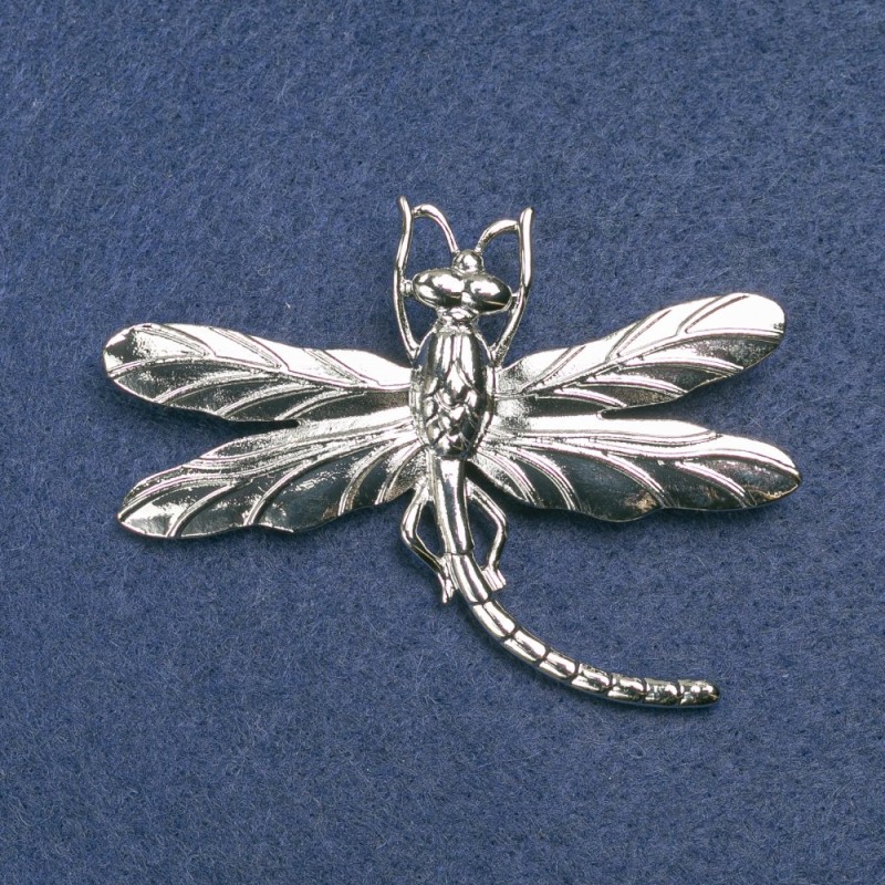Broszka w kształcie ważki ze srebrzystego metalu, 75×55 mm +