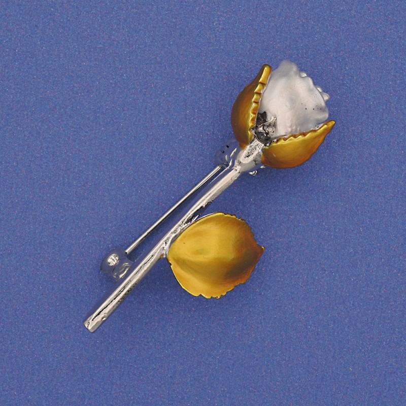 Broszka «Róża» biała i żółta emalia, metal złocisty 42×16 mm