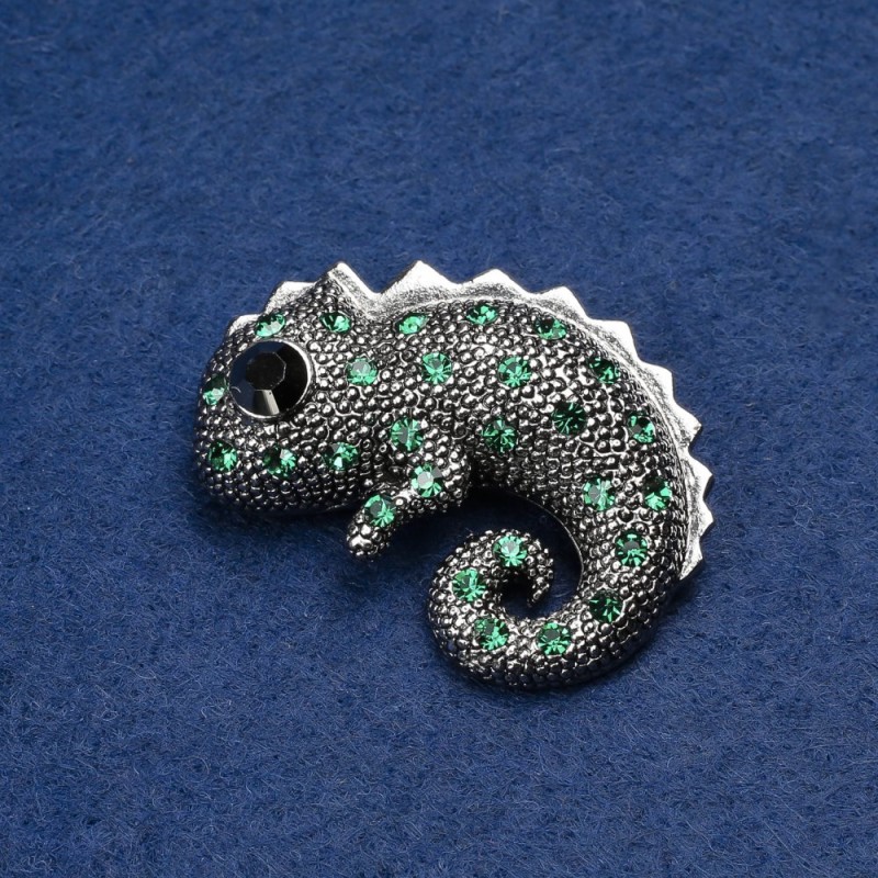 Broszka Kameleon – srebrzysty metal, zielone i czarne kryształy strass 42×30 mm +