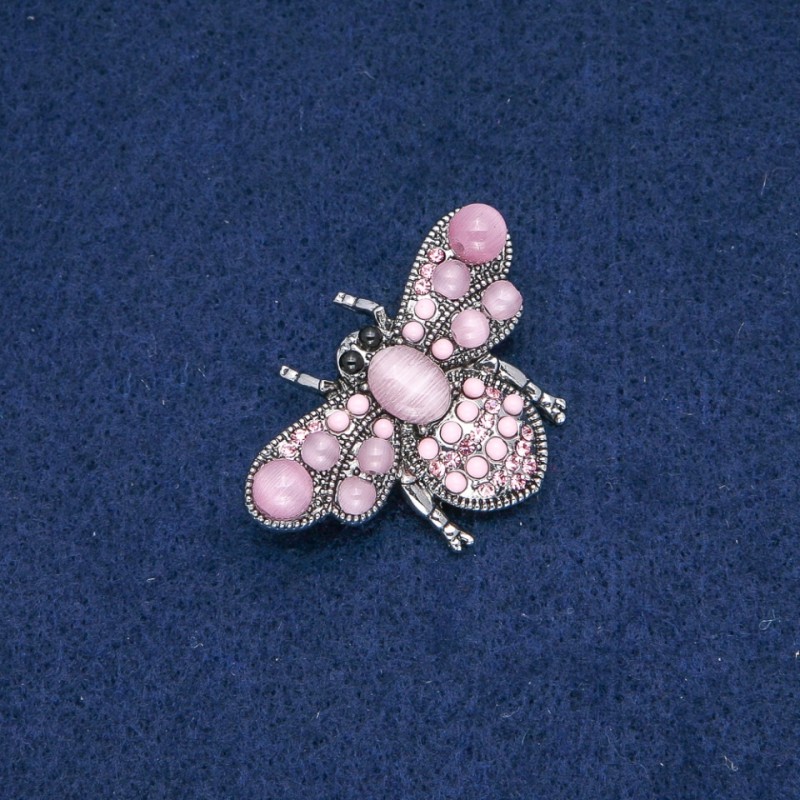 Broszka Motyl, kocie oko, różowe cyrkonie, srebrzysty metal 40×20 mm +
