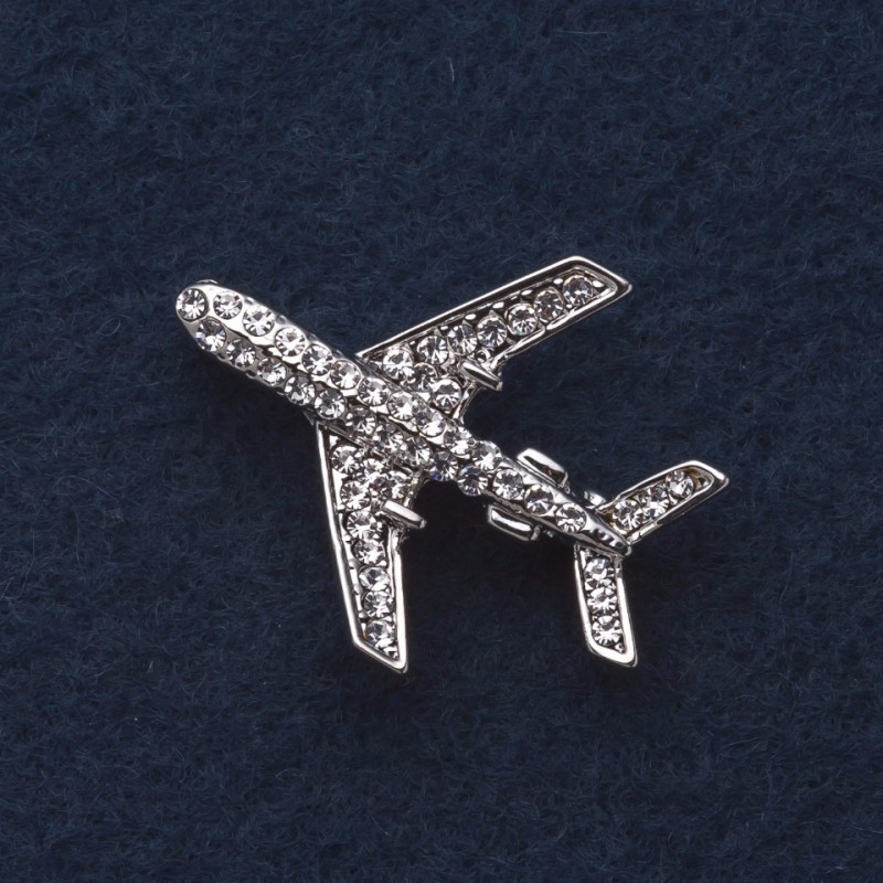Broszka „Samolot” 3×3 cm z kryształami, szary metal