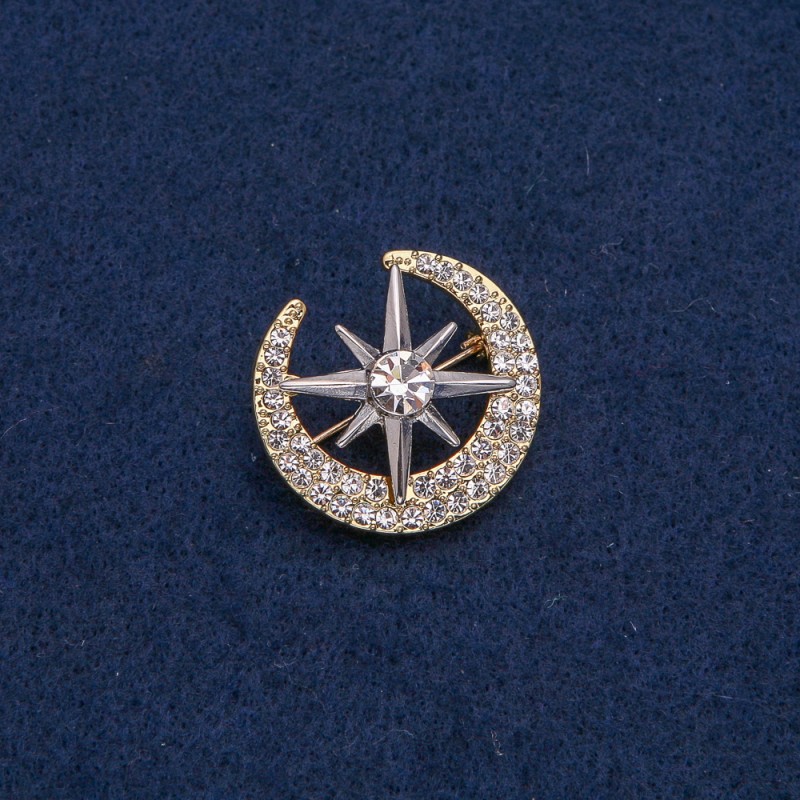 Broszka złocisty Księżyc z srebrzystą Gwiazdą, białe cyrkonie i kamień 28×26 mm +