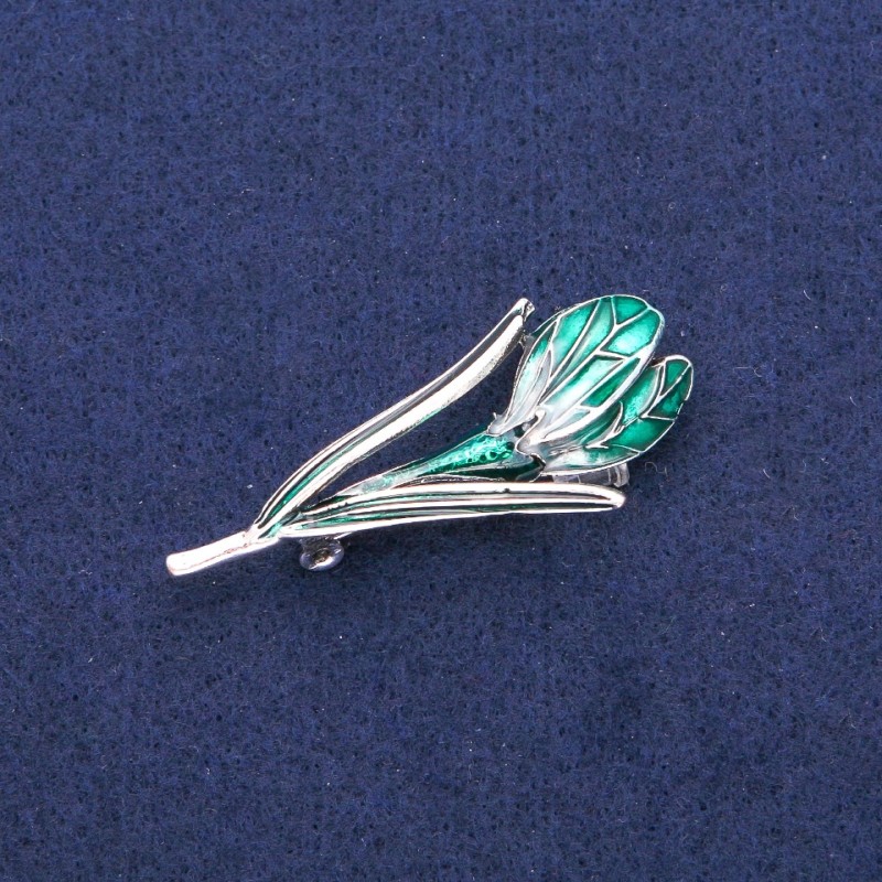Broszka-kulon „Kwiat” zielona emalia, srebrzysty metal 25×50 mm