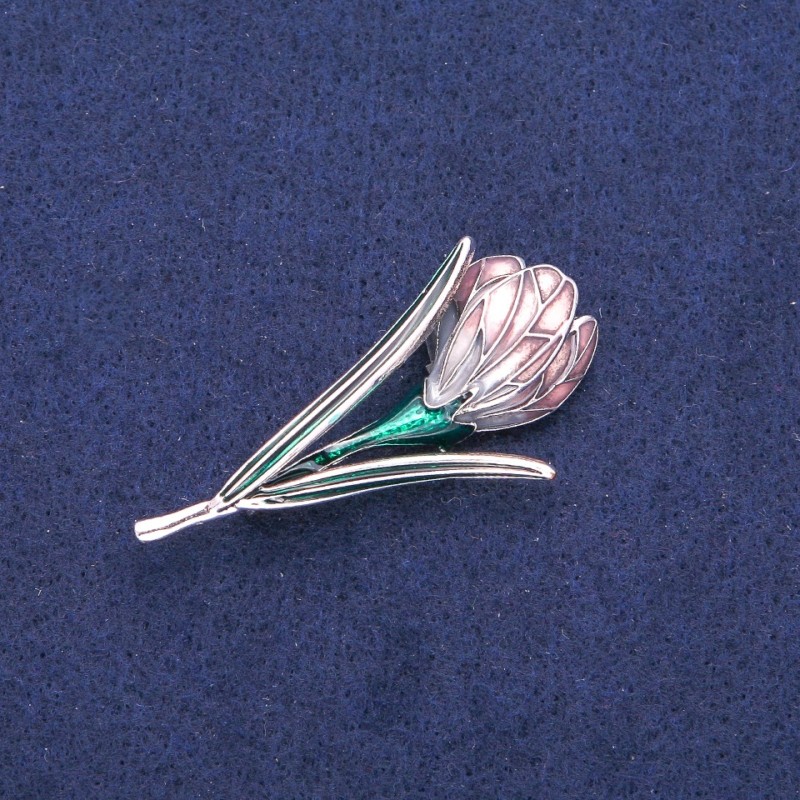 Broszka-wisiorek Kwiat z fioletowo-liliową i zieloną emalią, metal srebrzysty 25x50 mm