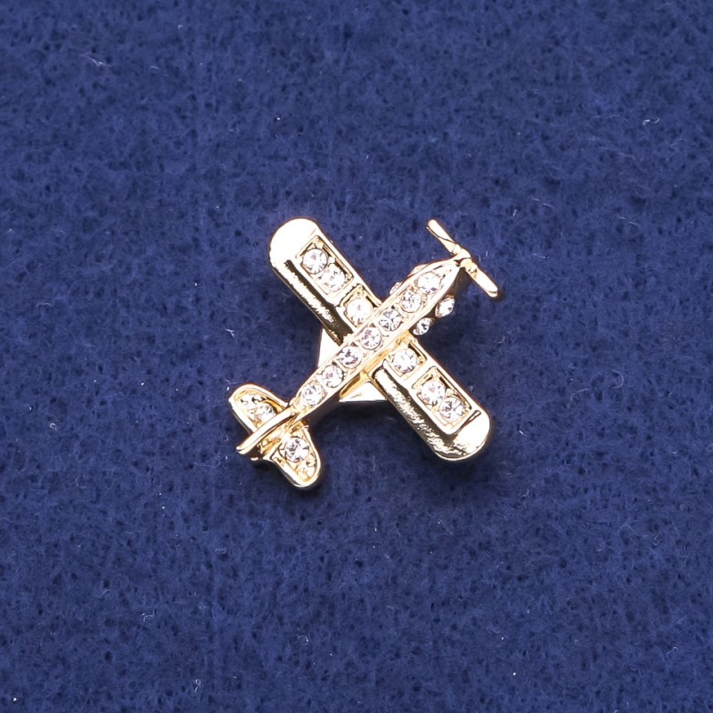 Broszka samolot ze strassami, metal złocisty 28×28 mm