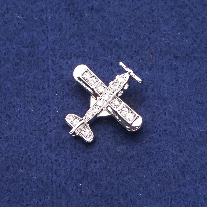 Broszka Samolot ze strassami, srebrny metal 28×28 mm