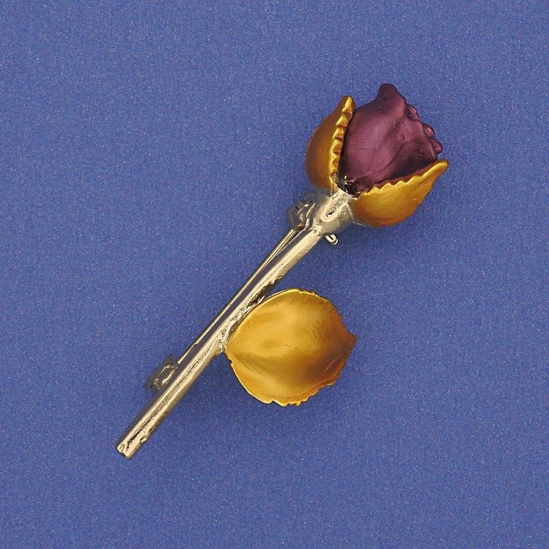 Broszka – Róża bordowa i żółta, emalia, metal złoty, 42×16 mm