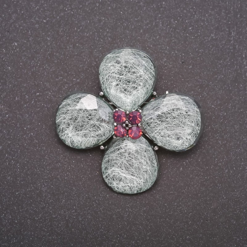 Broszka z zielonym efektem akwarium, czterolistna koniczyna, srebrny metal, 37×45 mm