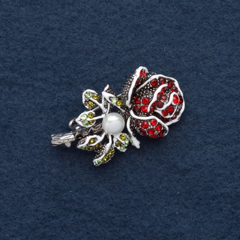 Broszka „Róża” 4×2,5 cm, ze strassami, emaliowana, metal szary