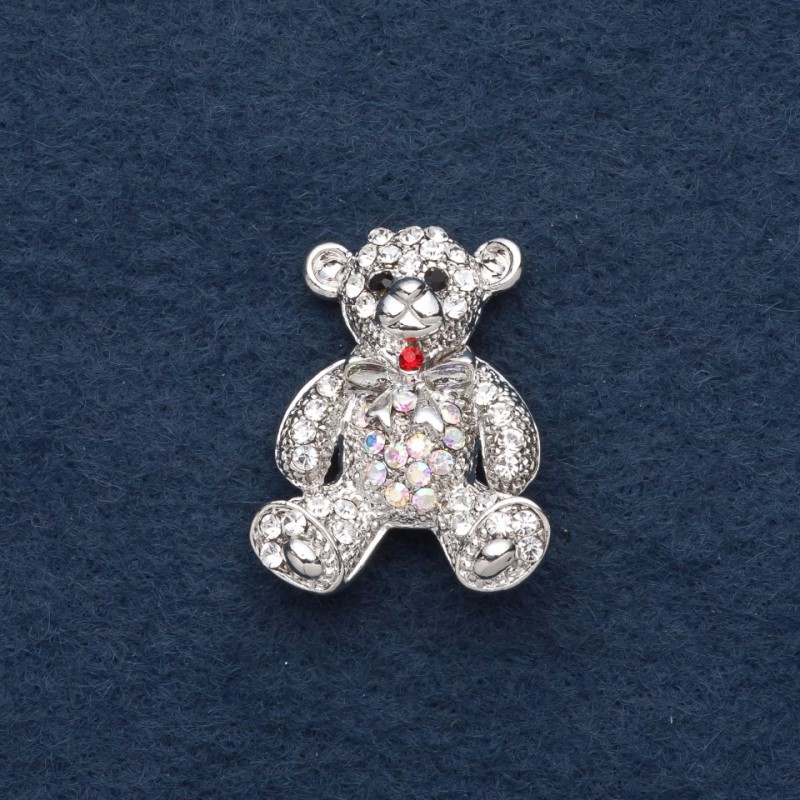 Broszka „Miś” 3×2 cm z szarego metalu, kryształami chameleonowymi