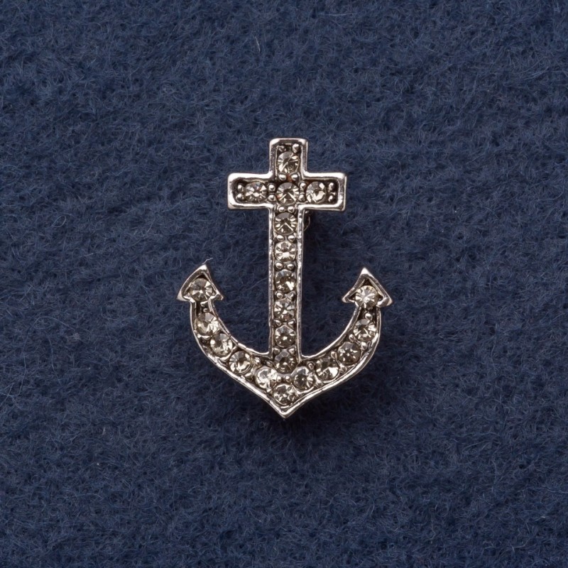 Broszka Kotwica 2, 8×2 cm z szarego metalu w cyrkoniami