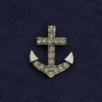 Broszka na zatrzasku «Kotwica» 2 cm, szary metal, z cyrkoniami