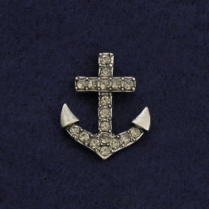 Broszka na zatrzasku «Kotwica» 2 cm, szary metal, z cyrkoniami
