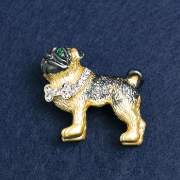 Broszka «Pies bulldog» — srebrzysty metal, kryształy i emalia, 35×42 mm +