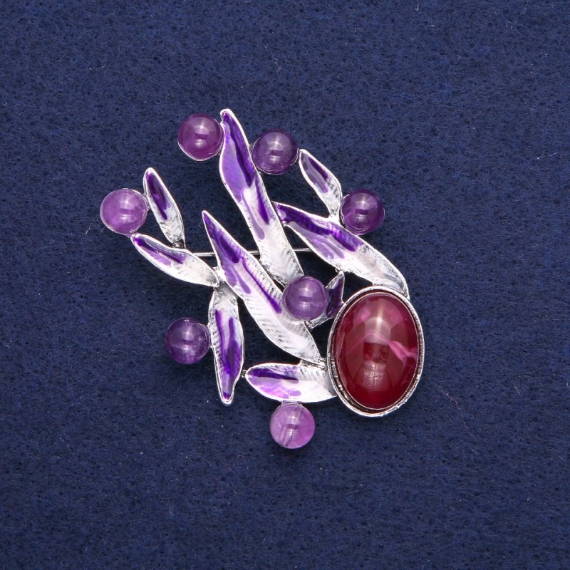 Broszka Liście z ametystu, fioletowa emalia, metal srebrzysty 38×53 mm