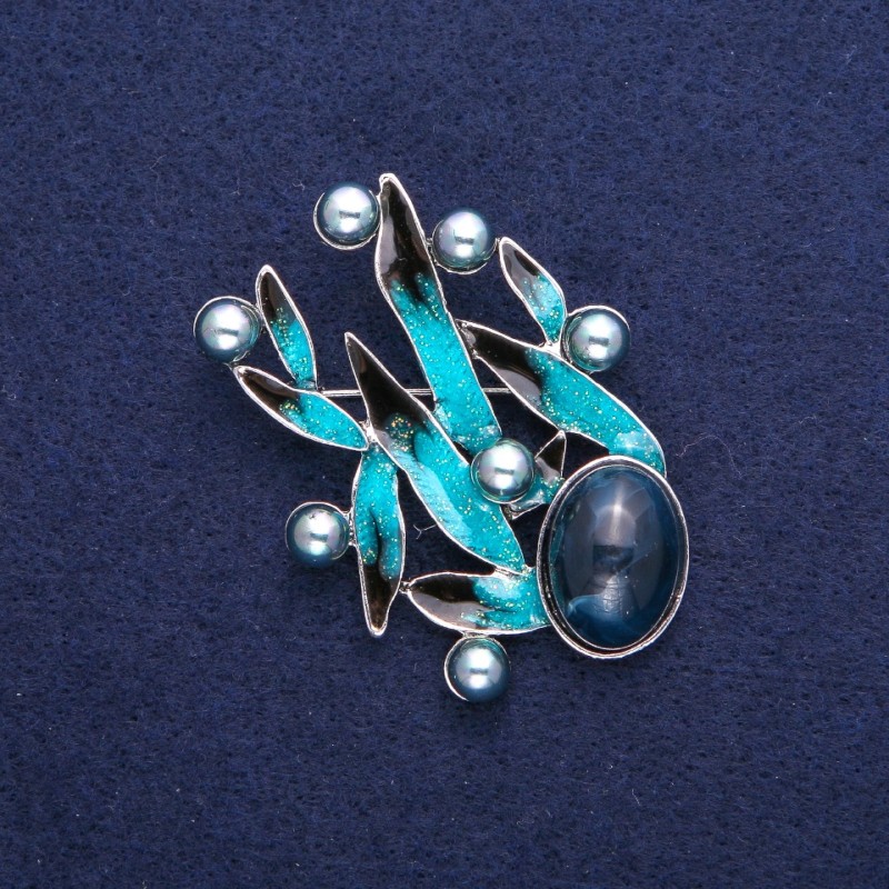Broszka Liście z Perłą, niebieska emalia, srebrzysty metal 38×53 mm