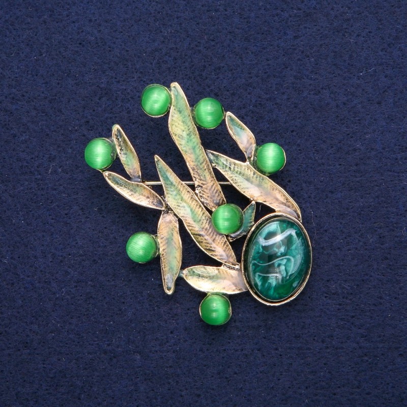 Broszka Liście z Kocim Okiem, zielona emalia, złocisty metal 38×53 mm