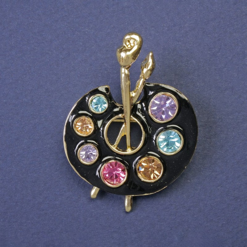 Broszka «Paleta» z różnobarwnymi kryształami, emaliowana, metal złocisty, 45×32 mm