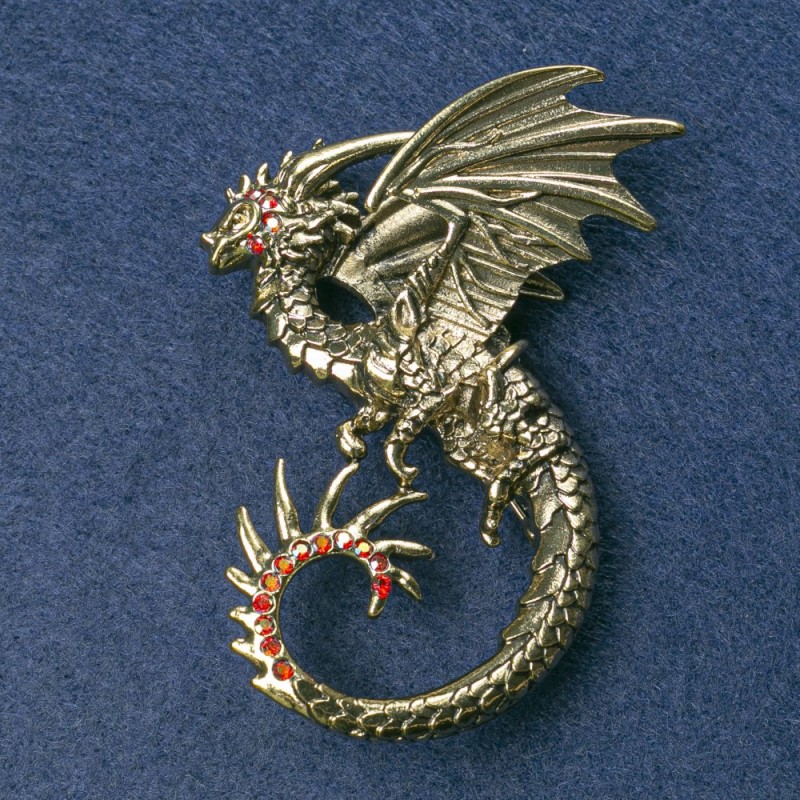 Broszka Smok, złoty metal z czerwonymi kryształami w kolorze benzyny 68×54 mm +