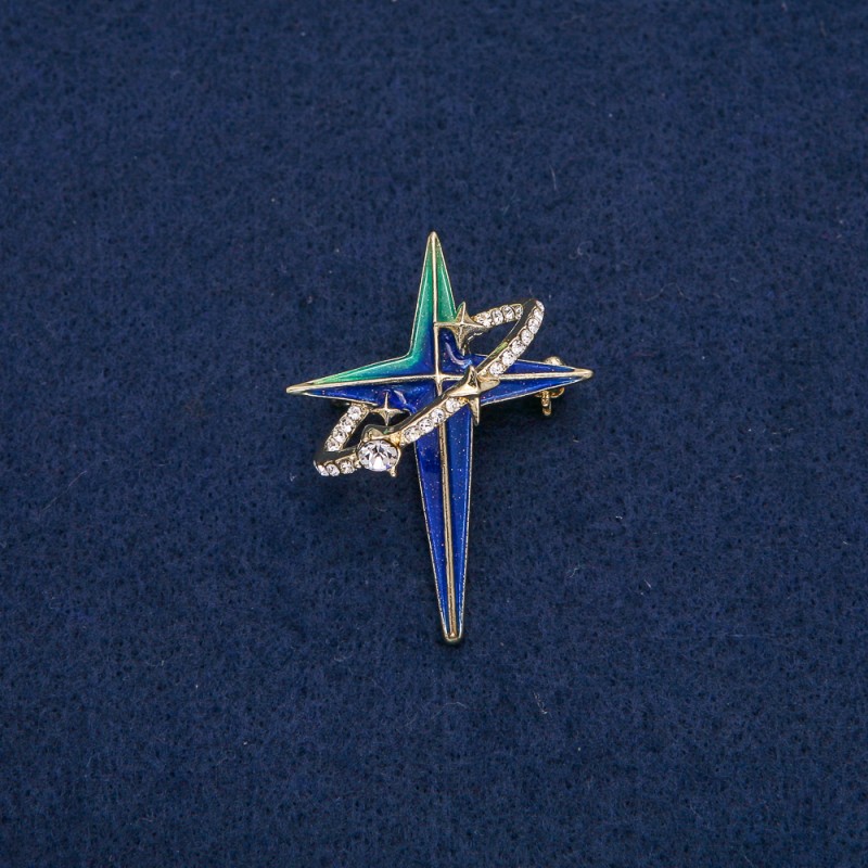 Broszka-wisiorek «Gwiazda w owalnym pierścieniu» z metalem złocistym z białymi cyrkoniami i emalią w odcieniach niebieskiego i turkusowego, 45×33 mm +